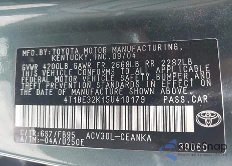 2005 Toyota Camry Le from USA, damaged, VIN 4T1BE32K15U410179